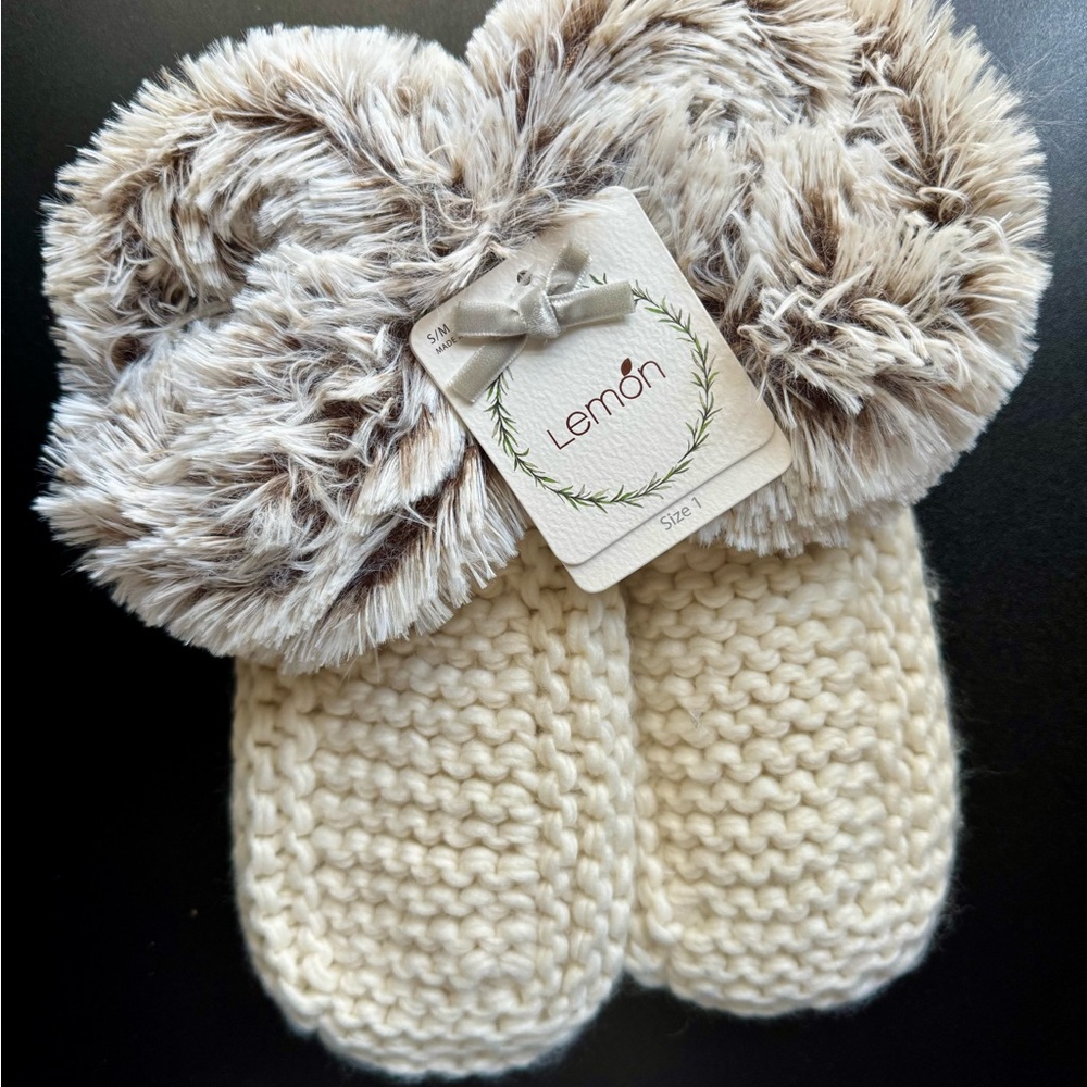 Anthropologie Cream and Tan Fuzzy Slippers